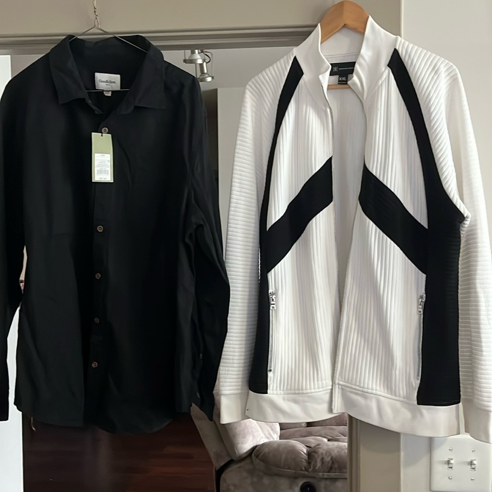 Men’s black shirt, sides, two XL and men’s white and black sweater size 2 XL